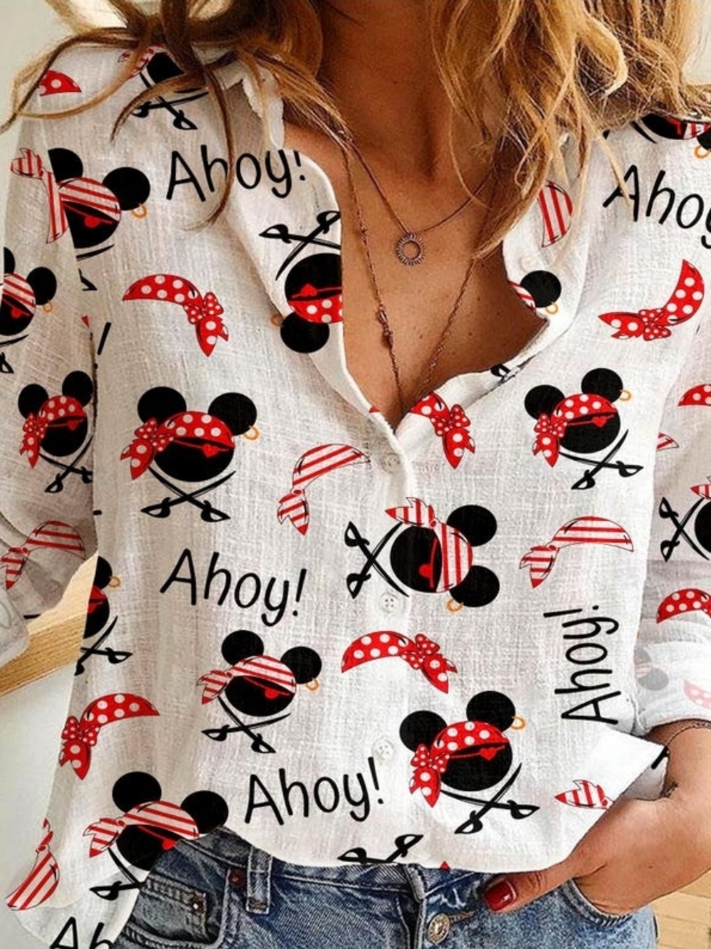 Ahoy! Women's White Nautical Pirate Print Button-Up Top